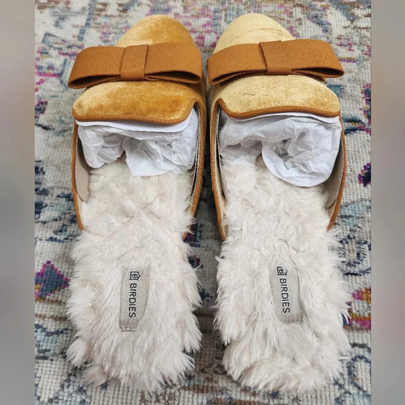 Birdies " The Phoebe" Inside Soles Faux Fur, Ribbon Bow, Golden Color, sz 9 - Picture 2 of 12